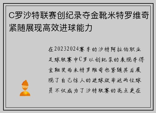 C罗沙特联赛创纪录夺金靴米特罗维奇紧随展现高效进球能力 C罗沙特联赛创纪录夺金靴米特罗维奇紧随展现高效进球能力
